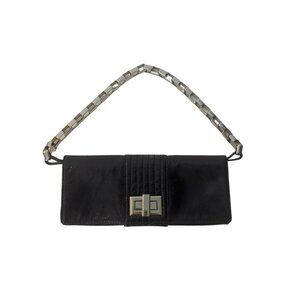 Kooba Black Patent Leather Chain Strap Clutch Purse With Quilted Detail & Metal